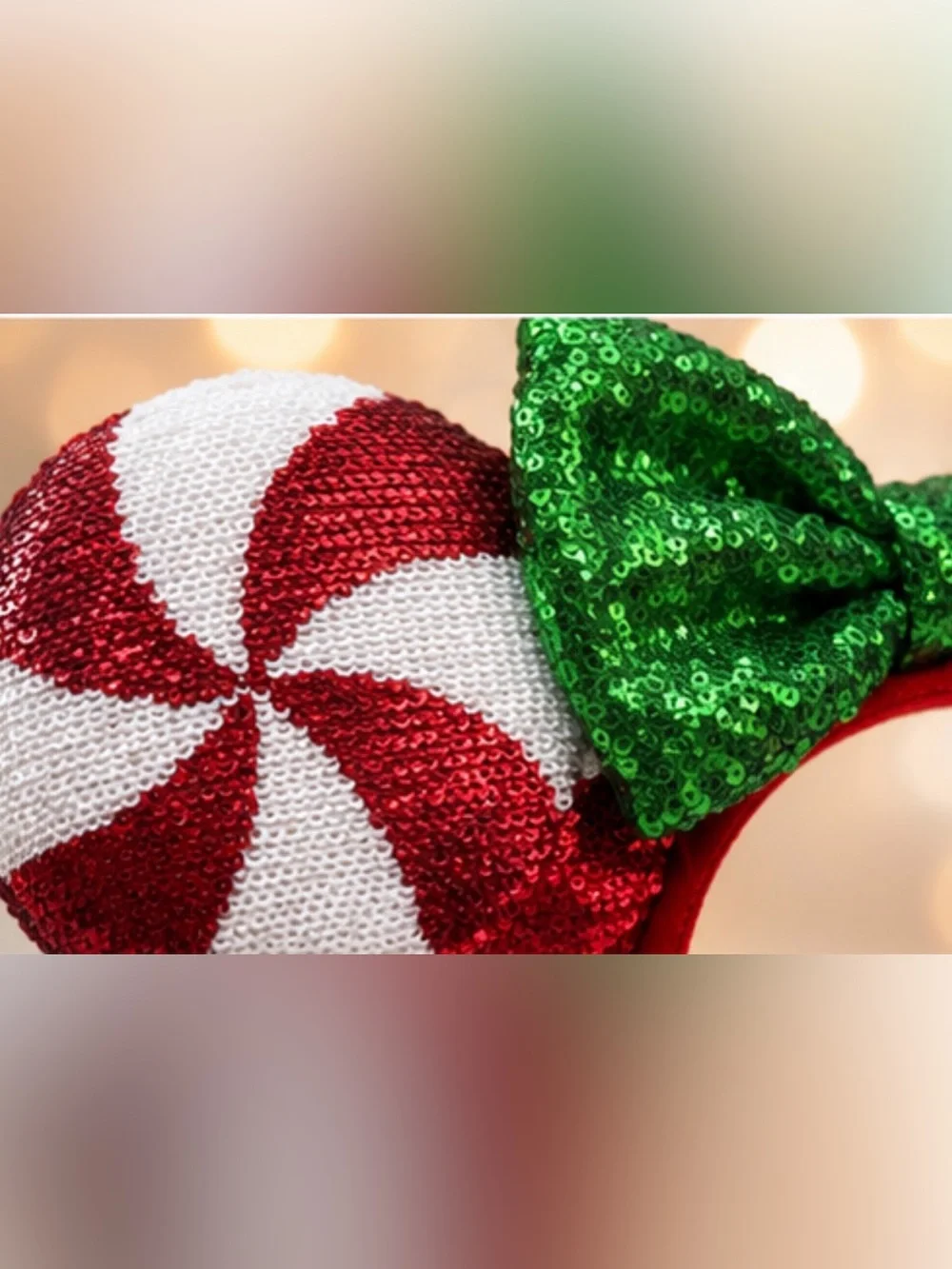 Disney Red Sequin Ears Headband with Green Bow and White & Red Peppermint Ears
